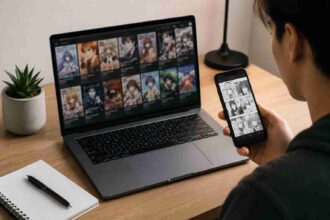 Person browsing manga on a laptop and smartphone at a modern desk with a clean, organized workspace.
