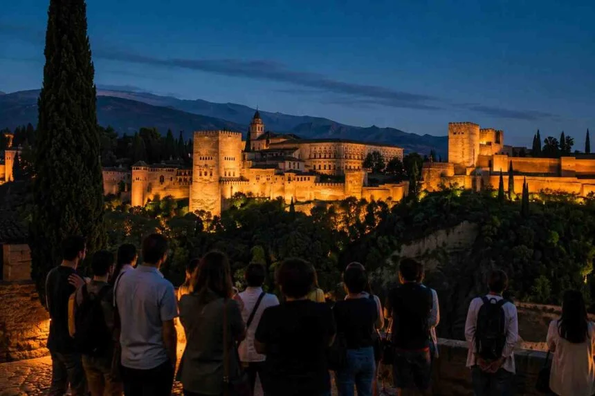 Visitors viewing the illuminated Alhambra at night from a scenic overlook in Granada.