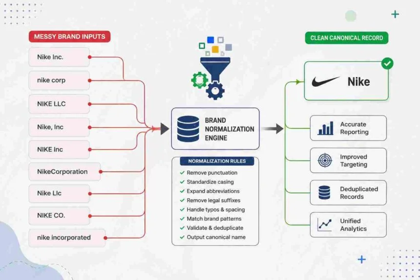 Brand name normalization process infographic with standardized canonical record