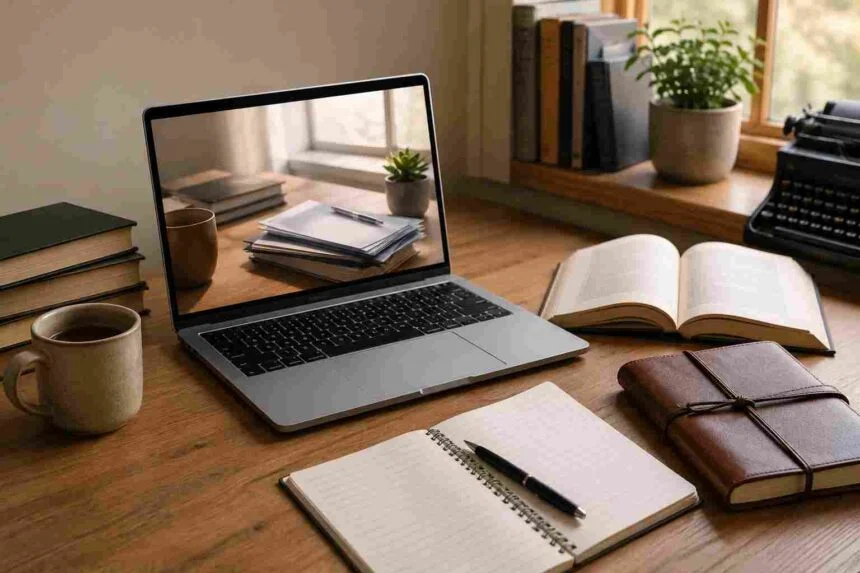 Workspace with a laptop, books, notebook, and typewriter representing research into the purpose of hmjones.net.