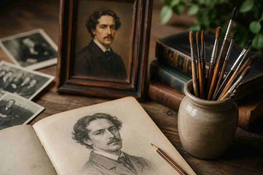 Vintage portrait sketch, historical photos, and art books representing the origin and history of the Peitner name.