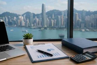 Modern office desk with financial documents overlooking the Hong Kong skyline.