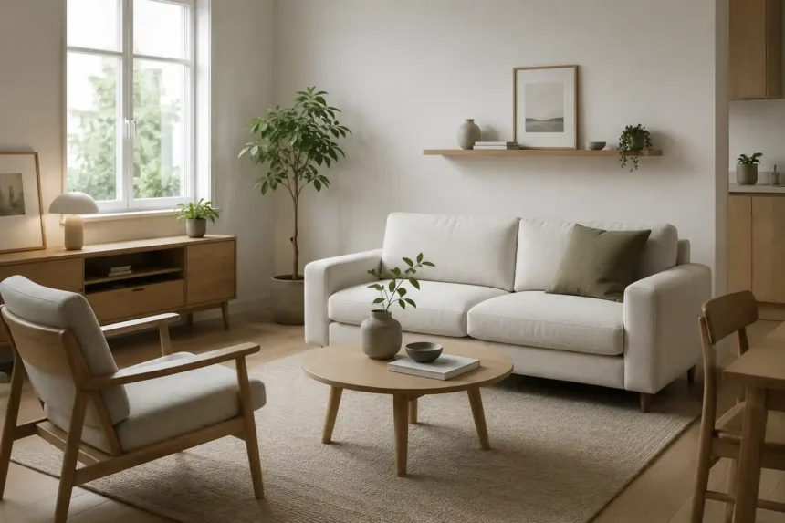Bright Scandinavian-inspired minimalist living room with neutral furniture, natural light, wooden accents, and indoor plants creating a clean and clutter-free home.